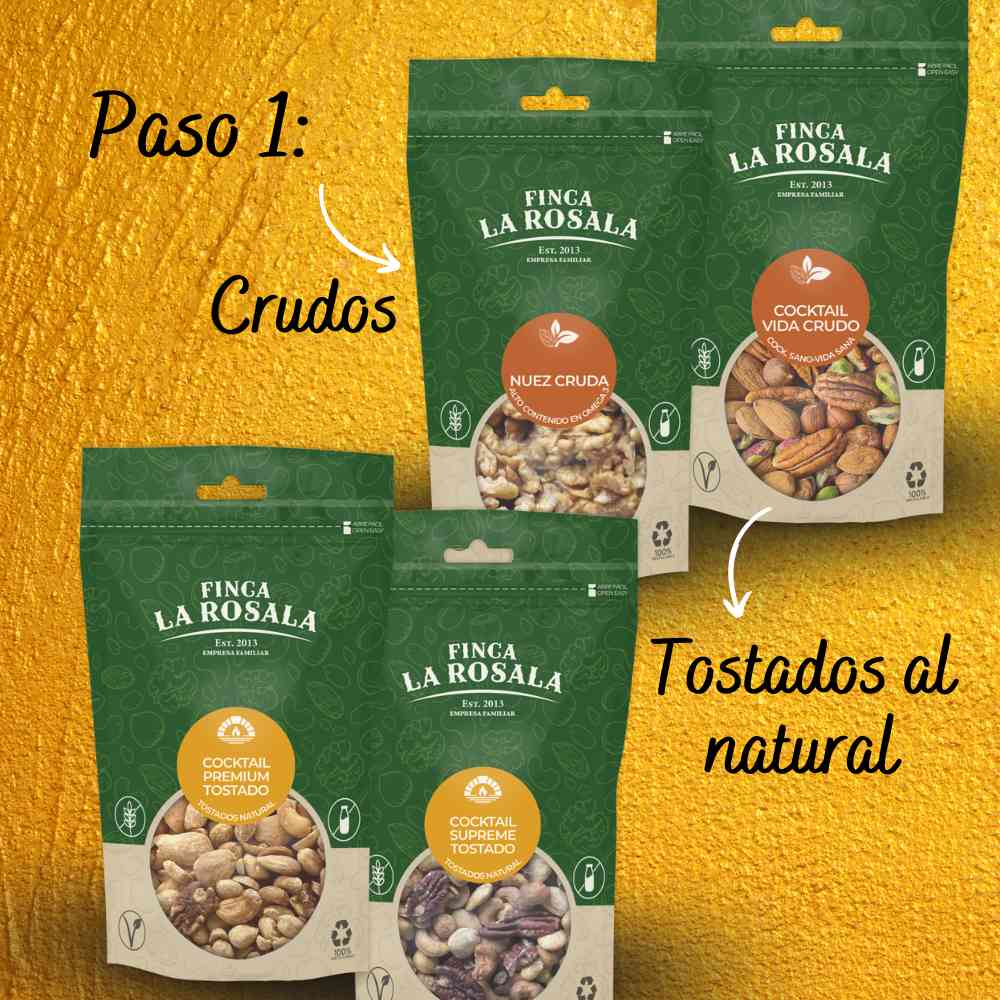 
                  
                    4 bolsas de 150 gramos de frutos secos crudos y tostados al natural
                  
                